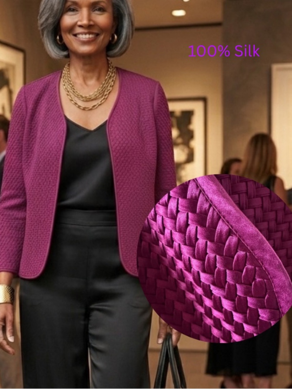 Chico's Design 100% Silk Woven Magenta Jacket Blazer US Size Large 12/14 EUC